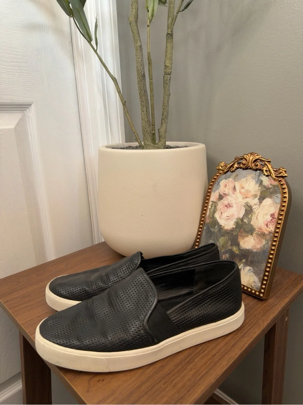 Vince Blair Black Perforated Leather Slip-On Sneakers Size 8